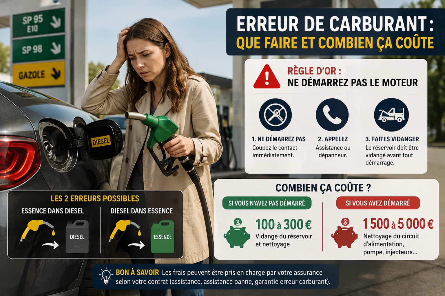 Erreur de carburant (essence dans un diesel ou l'inverse) : que faire et combien ça coûte